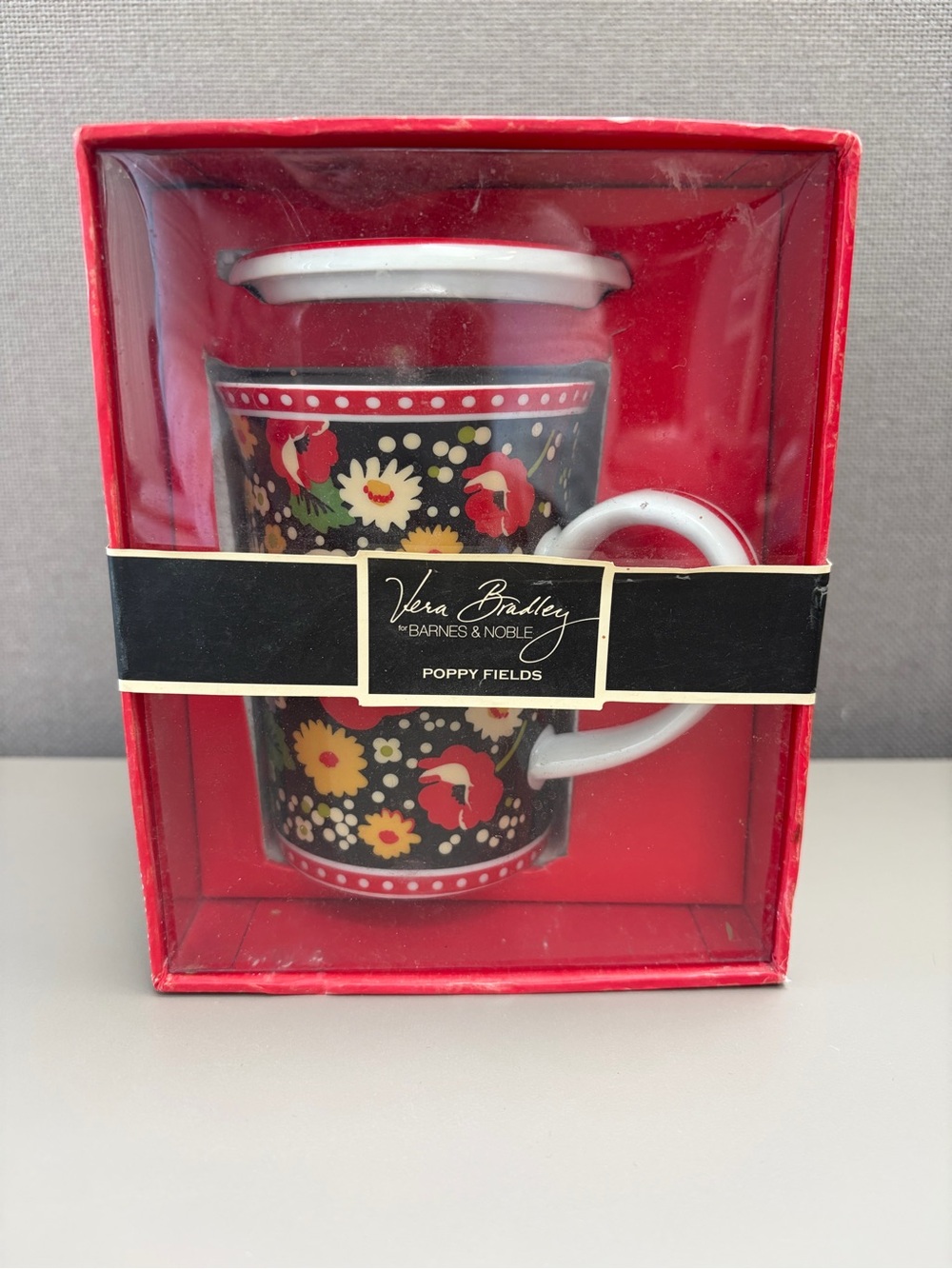 Vera Bradley Poppy Fields Black Mug with Red, Yellow & White Floral Pattern